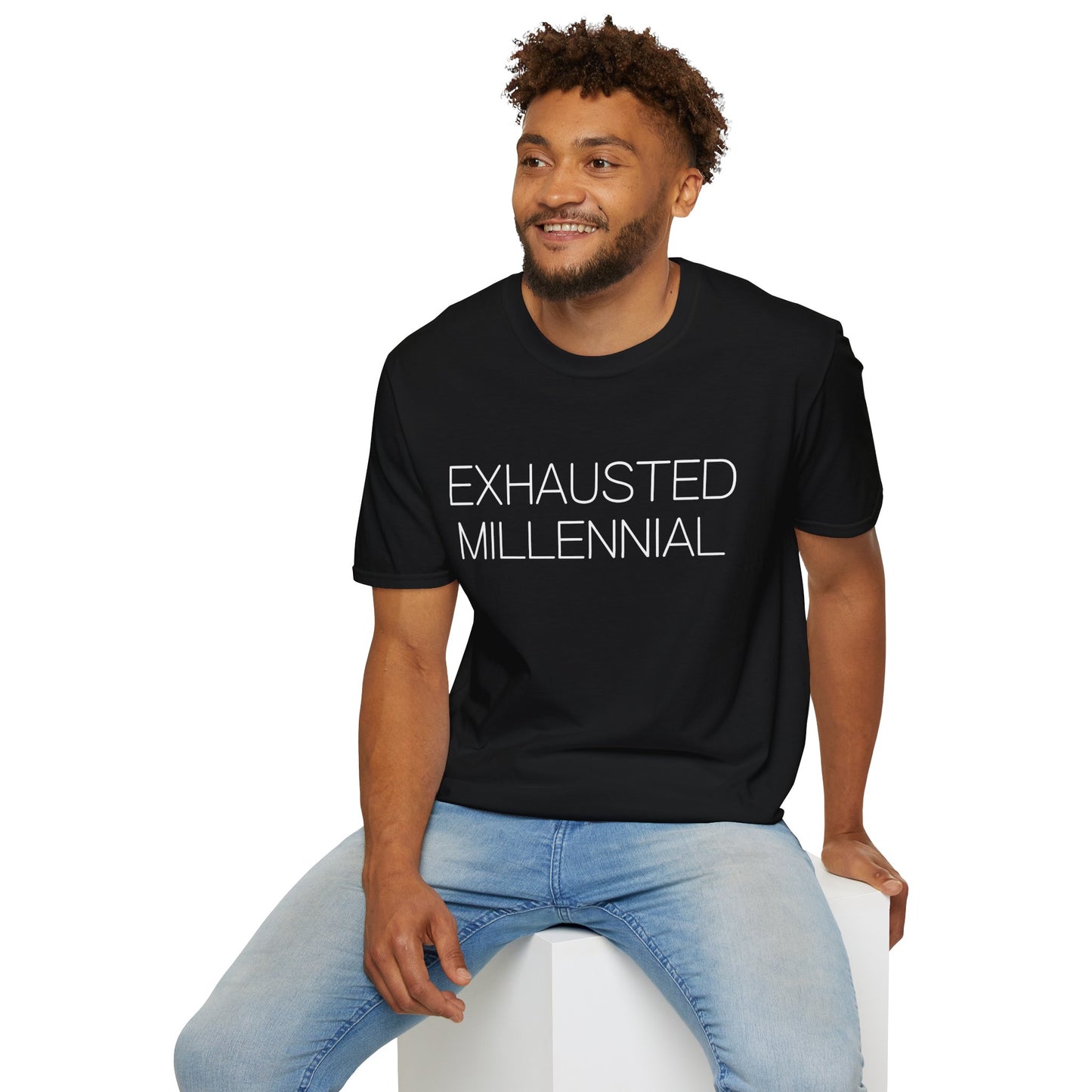 Exhausted Millennial Graphic Tee Funny Gift for Tired Adults and Coffee Lovers