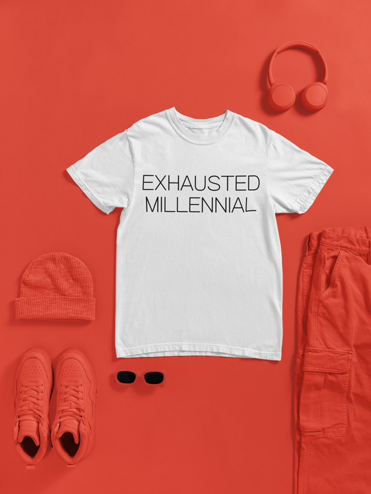 Exhausted Millennial Graphic Tee Funny Gift for Tired Adults and Coffee Lovers