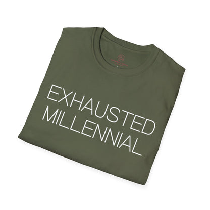 Exhausted Millennial Graphic Tee Funny Gift for Tired Adults and Coffee Lovers