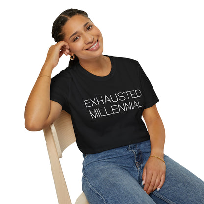 Exhausted Millennial Graphic Tee Funny Gift for Tired Adults and Coffee Lovers