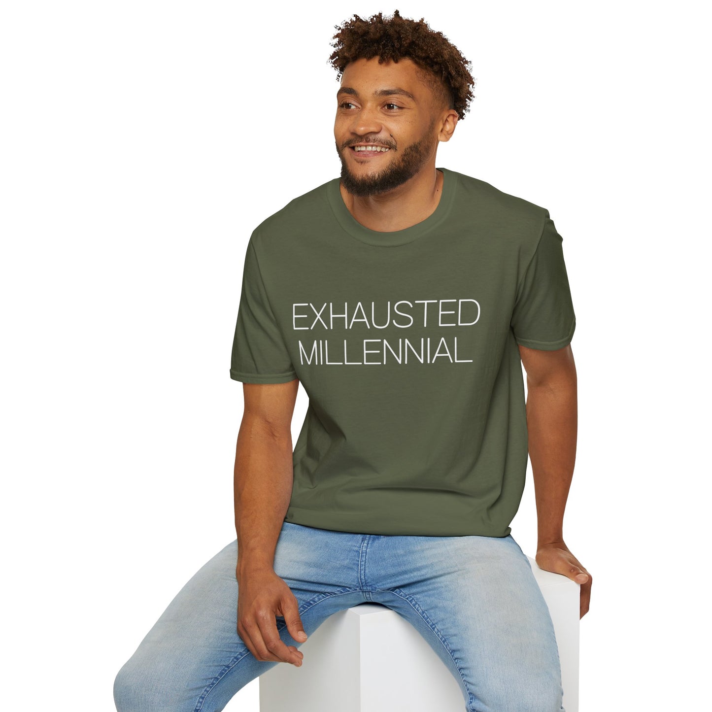 Exhausted Millennial Graphic Tee Funny Gift for Tired Adults and Coffee Lovers